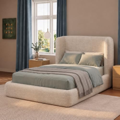 Image of Yechen Twin Cloud Bed, Upholstered Twin Platform Bed, Cream