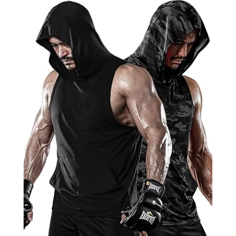 DRSKIN 2 Pack Men's Hooded Tank Tops Bodybuilding Muscle Cut Off T Shirt Sleeveless Gym Training Hoodies Workout Dry (T-Hood (MBB10,B01), M) Cover