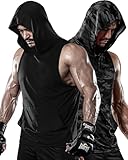 DRSKIN 2 Pack Men's Hooded Tank Tops Bodybuilding Muscle Cut Off T Shirt Sleeveless Gym Training Hoodies Workout Dry (T-HOOD (MBB10,B01), L)