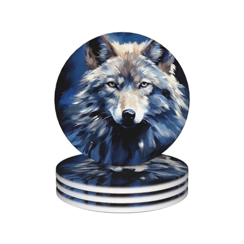Juego de 4 posavasos de cerámica con cabeza de lobo sobre fondo azul, posavasos para bebidas, tazas, tazas, almohadillas, absorbentes, antideslizantes, decorativos, para mesa de café, cocina, bar