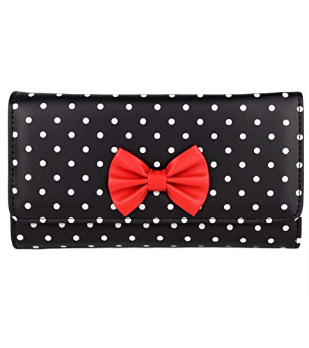 Schompi Retro Damen XXL Geldbörse mit Polka Dots Muster und Schleife, Kunstleder Portemonnaie mit Punkten, Farbe:Schwarz