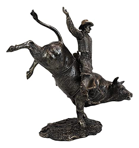 Ebros Rustic Western Rodeo Bull Rider Cowboy On Bucking Bull Statue 10.5" Tall Faux Bronze Resin Old World Wild West Cattle Bull Riding Cowboys Themed Accent Figurine #TOP3