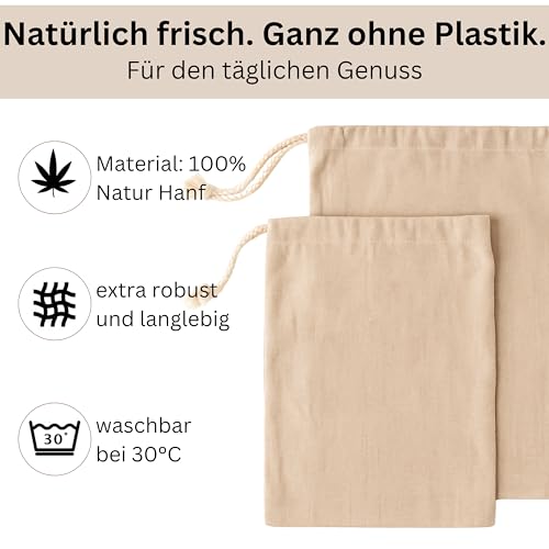 Natürlich Hanf® Brotbeutel 2er Set | Leinenbeutel aus 100% Naturhanf | Brotsack zum Frischhalten | wiederverwendbare Brötchentüten Größe: 30x40 cm