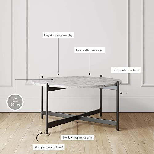 Nathan James Piper Faux White Marble Round Modern Living Accent Side Or Coffee, Sofa Center For Dining Room/Tea With Metal Frame, Black #TOP5