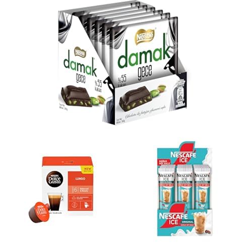 Nestlé Damak Gece Antep Fıstıklı Bitter Çikolata 6 Adet x 60 G x 1, Nescafe Dolce Gusto Lungo 16 Kapsül 89,6 Gr x 2, NESCAFÉ Milky Ice Original 24'lü Paket x 1