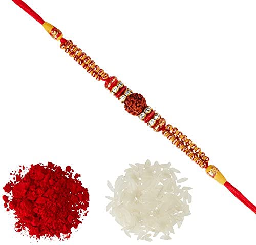 Image of P Fancy Rudraksha AD Ring Beads Rakhi with Roli Chawal Tilak For Men Boys (Golden) ..