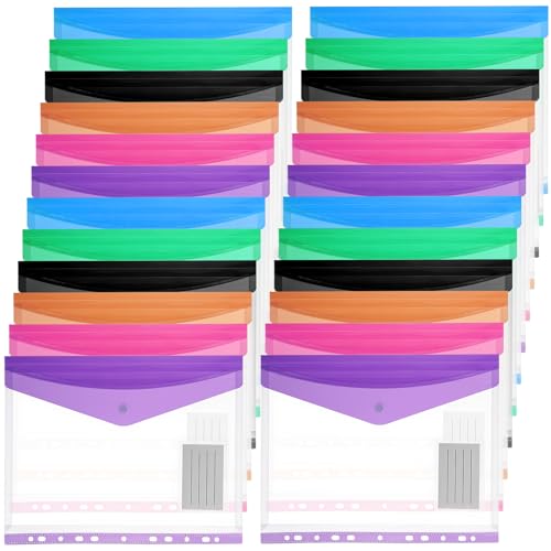 24 Pack Binder Pockets, Mixed Colors PVC Plastic Envelopes with Snap Button, 11 Holes Expandable Folders for 2/3/4 Ring Binders, Transparent Document Pouch for Office School Home Organization