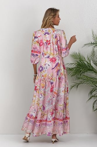 Image of Women Short Sleeve V Neck Floral Print Casual Bohemian Maxi Dresses