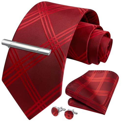 Image of HISDERN Plaid Ties for Men Classic Checkered Tie and Pocket Square Cufflinks Tie Clip Set Woven Men's Necktie Business