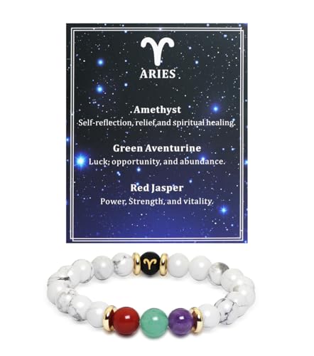 Meibai Healing Crystal Zodiac Bracelet 8mm Natural Beaded Star Sign Bracelets Astrology Birthday Gift for Men Women (Aries)