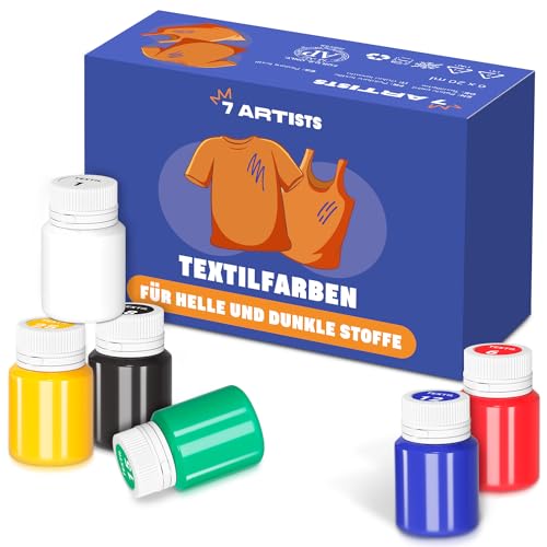 7 Artists Textilfarbe Waschmaschinenfest - 6 Stoffmalfarben Waschfest x 20 ml - Stoff Farbe für Kleidung, Schuhe, Jeans, Taschen, T Shirt Bemalen