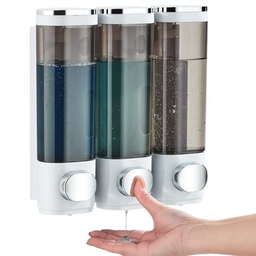 Shampoo and Conditioner Dispenser, Pollock Shower Soap Dispenser 3 Chamber No Drill, Wall Mounted Shampoo Body Wash Conditioner for Bathroom Large Capacity,White
