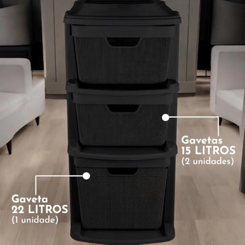 Kit 2 Gaveteiro Organizador Grande de Chão com 3 Gavetas 15-15-22 Litros em Plástico Juta RVS E-comm