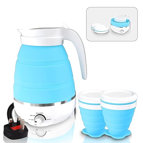 Portable Travel Kettle with 2 Cups, Collapsible Kettle Lightweight for Campervan, 0.6L Folding Electric Camping Kettle, Foldable Kettle for Bedroom