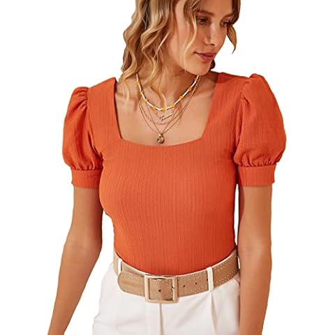 BIG DART Womens Square Neck Puff Sleeve Blouses, Casual Slim-Fit Tops (Small, Orange) Cover