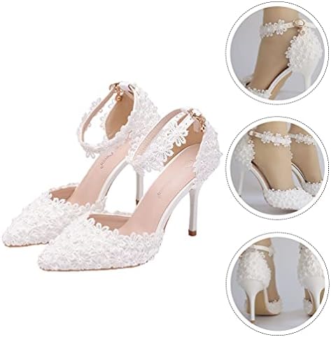 Womens High Heel Pumps Lace Mesh Satin Bridal Wedding Shoes for Women Ankle Strap Pointy Toe Pumps Closed Toe Sandals with Floral Lace Pearls Strap Stiletto Bridal Wedding Party Shoes White | Image 7
