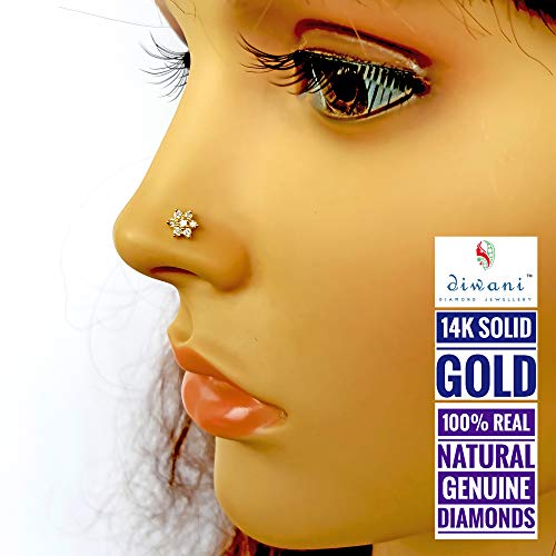 Diwani 14K Gold Gii Certified 7 Natural Si Diamonds Flower Engagement Wedding Nose Piercing Ring Stud Pin (0.110 Cents, G-H Color) 20 Gauge Thick 5.0Mm Length Spiral Wire Post #TOP1