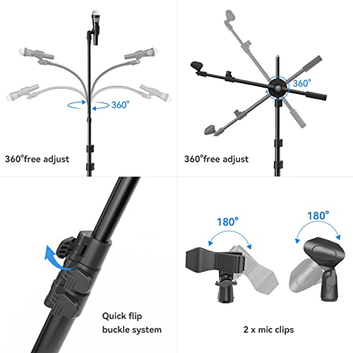 Microphone Tripod Stand, Kdd Gooseneck Mic Boom Arm Stand Height Adjustable 30" - 80" With Two Mic Clips, Two Mic Arms And 3/8" To 5/8" Adapter For Singing, Stage, Blue Yeti Snowball, Most Mics #TOP4