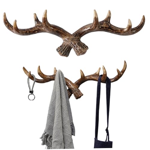 Sgqtqybk Farmhouse Deer Antler Decor, Resin Wall Mounted Coat Rack with Hooks for Rustic Entryway and Bathroom Organization Dark Brown