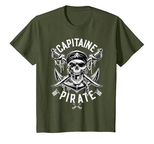 Costume de Pirate Capitaine déguisement Pirate Garcon T-Shirt, Enfant, Olive, 8 Ans