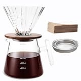 Lalord Pour Over Kaffeemaschine, Borosilikatglas-Set mit 100-teiligem Papierfilter, Walnussholzkragen und Glasdeckel, Tropfkaffeemaschine, 1-3 Tassen, transparent (600 ml (Glasgriff))