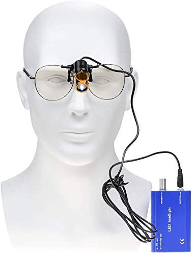 BONEW Zahnärztliche chirurgische Scheinwerfer-Scheinwerfer, 5 W, LED, hohe Leistung, Helligkeit, hängende Batterie mit Filter, Clip-On-Typ + Stoffetui für alle Brillen (blau)