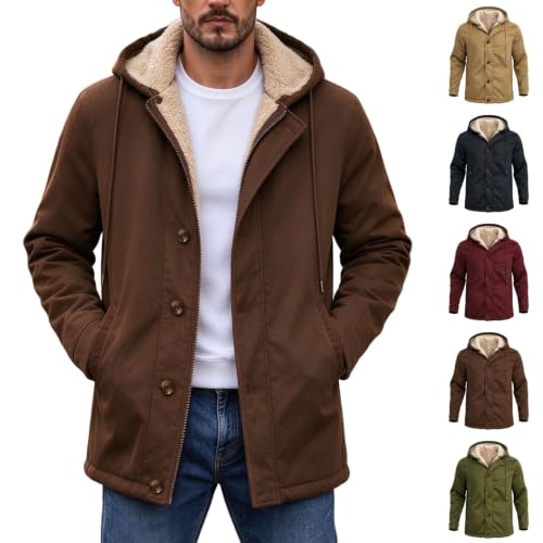 GOSEAGOTOFUN Mens Fleece Jacket Hooded Fleece Lined Work Jacket Long Sleeve Button Down Casual Coat Winter Warm Outdoor Coat Coffee Small - image 1