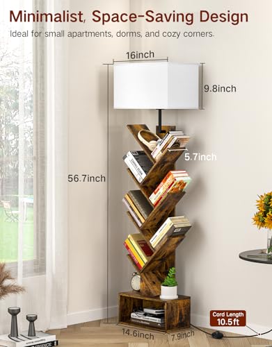 6 Tier Tree Bookshelf with Light, Remote & Timer, Modern Tall Floor Standing Book Shelf, Narrow Wood Bookcase, Small Book Organizer Shelves for Living Room, Bedroom, Office (Rustic Brown) - Image 3