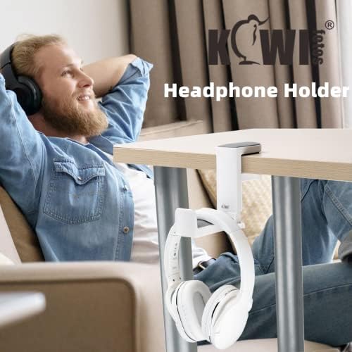 KIWIFOTOS Under Desk Headphone Stand Holder, PC Gaming Headset Hook Hanger Mount with 360 Adjustable Rotating Arm Clamp & Built in Cable Clip - White