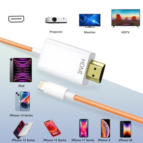 Image of KikoSaka Lightning to HDMI Cable for iPhone TV Adapter Apple MFi Certified | 1080P HD Video Sync Screen Connector iPhone 14 /13 /12 /11 /X /8 /7 to HDMI for Digital AV Projector Monitor 6.6FT Woven Orange