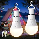 Kimjo E27 Rechargeable Light Bulb with Remote Control 2 Pack - RGB Dimmable 7W Battery Operated Light Bulb with Hook Botton Control Timer - A19 Wireless Light Bulb for Lamp Camping