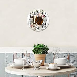 10 Inch Fresh Floral Wreath Abstract Animal Wall Clock Quartz Non Ticking Shabby Chic Farmhouse Primitives Cow French Style Kitchen Clock Arabic Numbers Round Clock for Home Office School