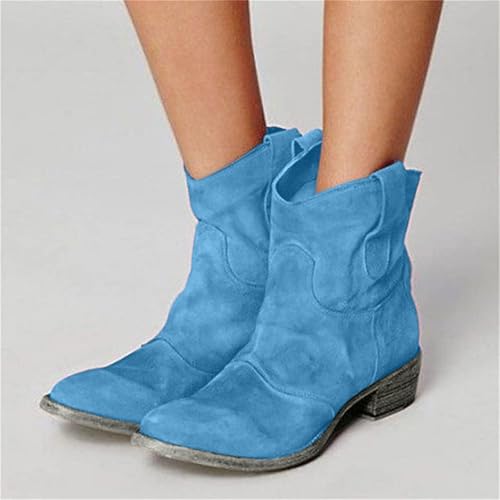 Suede Cowboy Boots for Women,Women's Western Cowboy Ankle Boots,Low Heel Mid Calf Round Toe Chunky Stacked Mid Heel Slip on Fashion Retro Classic Booties,Suede Back Zipper Fall Short Ankle Booties3