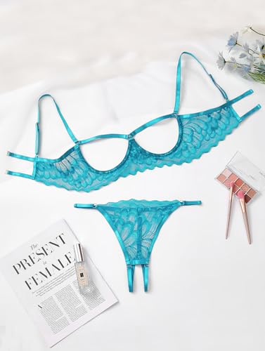 Image of Lilosy Sexy Underwire Floral Lace Sheer Lingerie Set for Women See Through Bra and Panty 2 Piece