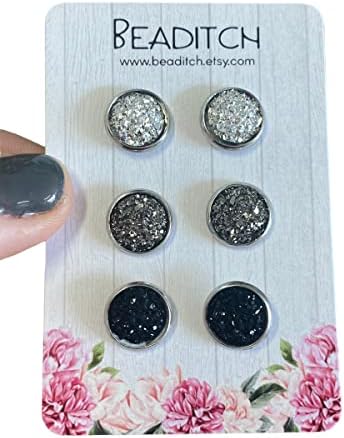 Druzy Stud Earring Set - Silver Gunmetal and Black Faux Druzy Stud Earrings