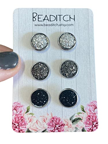 Druzy Stud Earring Set - Silver Gunmetal And Black Faux Druzy Stud Earrings #TOP1