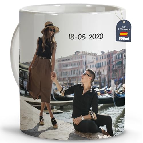 Taza Extra-Grande 600ml Personalizada con Foto y Texto. Regalos con Fotos. Regalo Día de la Madre. Regalo Personalizado Día del Padre. Regalos para Parejas. Taza Personalizable XXL 600ml Jumbo Blanca