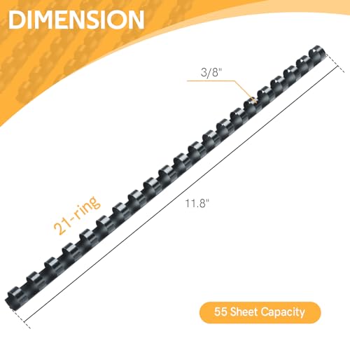 MYFULLY 100 Pack 21 Ring Plastic Comb Binding Spines | 3/8 Inch Diameter, 55 Sheet Capacity, A4, Black Binding Comb (3/8\" (55 Sheet Capacity))