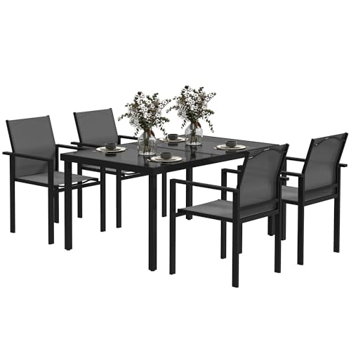 Outsunny Salon de Jardin extérieur 4 Personnes, Table de Jardin extérieure avec 4 chaises empilables, Plateau en Verre trempé 140 cm, mobilier de Jardin,...