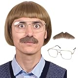 FantaLook Short Straight 60 70s Bowl Cut Funny Wig with Glasses and Mustache for Men Crazy Mushroom Cosplay Wig for Halloween (Light Brown)