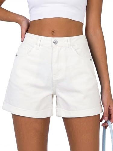 ELLEVEN Jean Shorts for Women Stretchy Baggy Denim Shorts High Waisted Folded Hem Summer Casual Shorts with Pockets White Medium
