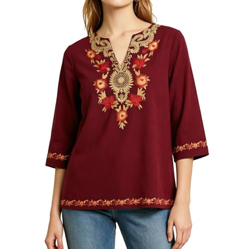 Camisas Mujer Manga 3/4 Primavera y Verano Cuello en V Casual T-Shirt Vintage Bordado Camiseta Suelto Fiesta Tops