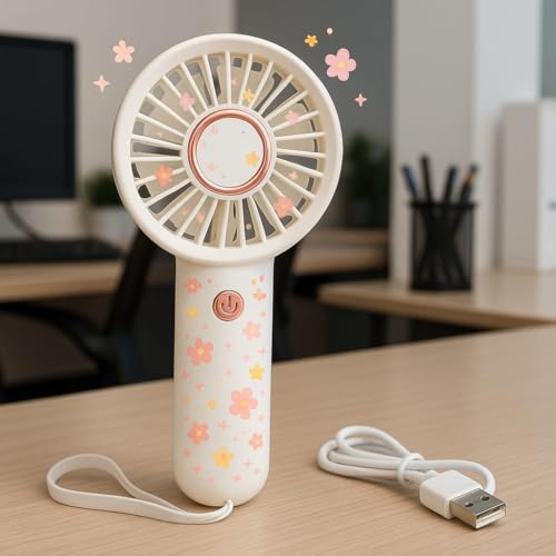 Image of Portable Handheld USB Rechargeable Fan, White with Rose Gold Accents, Mini Personal Cooling Fan with Wrist Strap