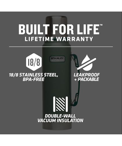 Stanley Heritage Classic Vacuum Bottle with Handle 1.1 qt | Wide Mouth w/Leakproof Cup Lid | Keep Drinks Hot or Cold | Insulated Stainless Steel Thermal Bottle | BPA-Free | Hammertone Green image 4
