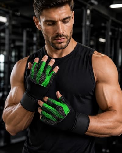 Image of GymWar Unisex Leather Gladiator Gym Gloves | for Professional Weightlifting, Fitness Training and Workout | with Half-Finger Length, Wrist Wrap for Protection (Green, L)