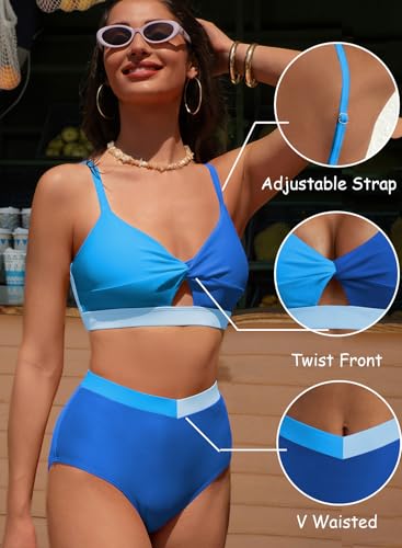 Herseas Swimsuit for Women Color Block V Waist Bikini Sets Adjustable Thin Staples Twist Two Piece Bating Suit Summer Cruise Beach Vacation Essentials Sky Blue X-Large — view 6