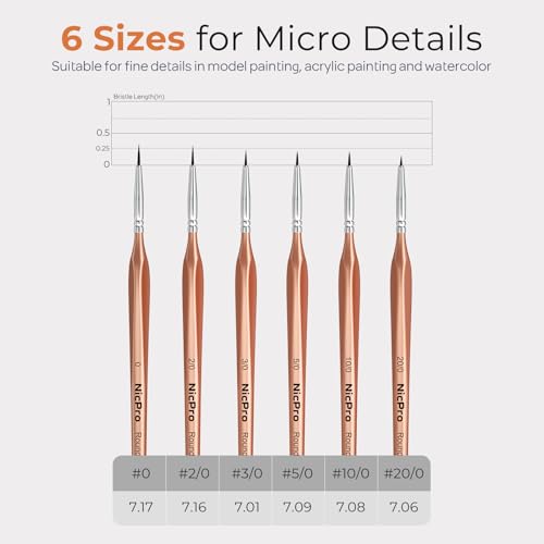Image of Nicpro Detail Paint Brushes, 6 PCS Extra Fine Tip Micro Miniature Paint Brush Set, 20 /0-0 Round Tiny Small Brushes for Acrylic Watercolor Oil Model Painting Rock Crafts Paint by Numbers Adult Art Kit