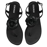 Cokvkuu Women's Black Satin Floral Flat Sandals, Herringbone T Sandals, Fashionable and Comfortable Satin Sandals for Casual Beach Party Shopping