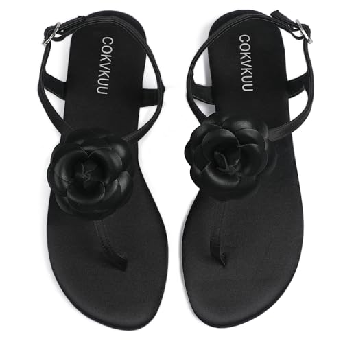 Cokvkuu Women's Black Satin Floral Flat Sandals, Herringbone T Sandals, Fashionable and Comfortable Satin Sandals for Casual Beach Party Shopping