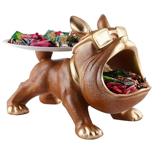 Image of Cool Bulldog Key Bowl & Accessory Tray - Matte Black & Gold Resin Dog Sculpture Multifunctional Organizer Showpiece for Keys Watches & Candy (Brown with Sprinkles, Dog with Tail Plate)